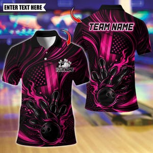 May include: A black and pink polo shirt featuring a bowling theme with a graphic of bowling pins and a ball. The design includes a stylized American flag pattern, swirls, and text placeholders that read ENTER TEXT HERE, YOUR NAME, and TEAM NAME.