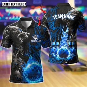 May include: A black polo shirt featuring a graphic of a snarling wolf, a bowling ball engulfed in blue flames, and bowling pins. The shirt includes text placeholders reading ENTER TEXT HERE, YOUR NAME, and TEAM NAME in white lettering.