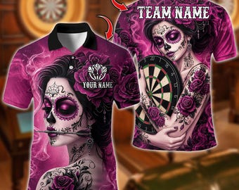 Custom Name Dart Polo Shirt, Neon Heart Dartboard Design, Personalized Team Shirt for Men, Gift for Darts Players