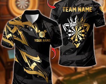 パーソナライズされた名前入りダーツポロシャツ、プレミアムゴールドダーツボードダーツデザイン、男性用カスタムチームシャツ、ダーツプレイヤーへのギフト