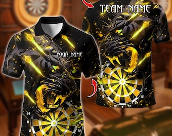 Polo de dardos con nombre personalizado, diseño de tablero de dardos con tigre negro rugiente, camiseta de equipo personalizada para hombre, regalo para jugadores de dardos.