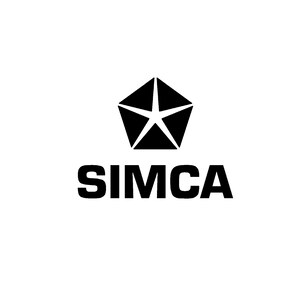 Puede incluir: Logotipo de SIMCA en blanco y negro. El logotipo presenta una forma de pentágono con una estrella en su interior, encima de la palabra "SIMCA" en negrita, fuente sans-serif.