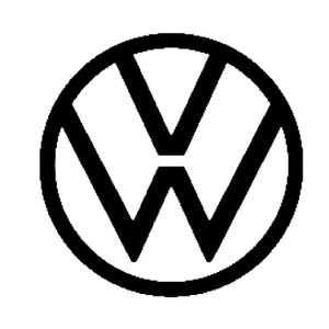 Op de afbeelding: Zwart-wit Volkswagen-logo. Het ontwerp toont een gestileerde 'V' en 'W' binnen een cirkelvormige rand. Het logo is een eenvoudig, maar herkenbaar embleem.
