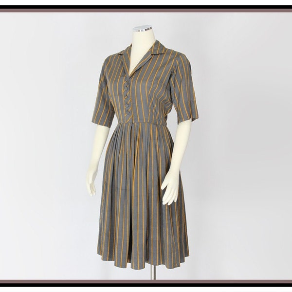 Vintage 60s Silk Shirtwaist Dress by Mister G of Dallas. In Grey and Gold Stripes (Medium M to Large L)