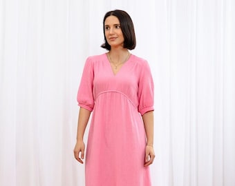 Muslin Cotton Midi Dress | Empire Waist V-Neck Boho Dress | Three Quarter Sleeve Summer