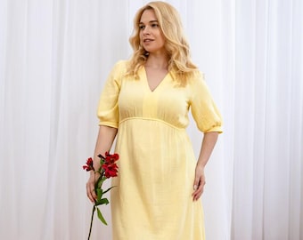 Three Quarter Sleeve Muslin Dress | Cotton V-Neck Boho Midi Dress | Lightweight Summer Women