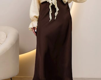 Silk A-Line Midi Skirt, Chocolate Brown, High Waisted, Minimalist Satin Flowy