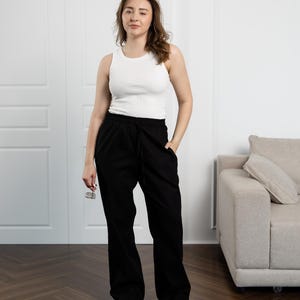 Black Linen Palazzo Pants, Wide Leg Trousers, Women&#39;s High Waist Pants with Pockets, Summer Loose Fit, Handmade