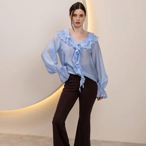 Ruffle Blouse Women Tencel | Flowy Long Sleeve V-Neck Boho Top | Romantic Summer Shirt bild 11
