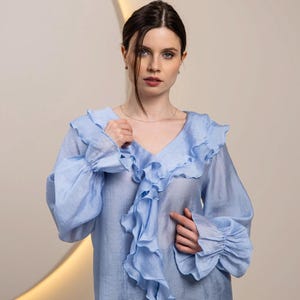 Boho Ruffle Tencel Blouse Women | Romantic V-Neck Flowy Sleeve Shirt | Minimalist Top image 9