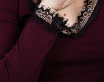 Fitted Lace Long Sleeve Top, Viscose Blouse, Black Plum, Feminine Minimalist Style