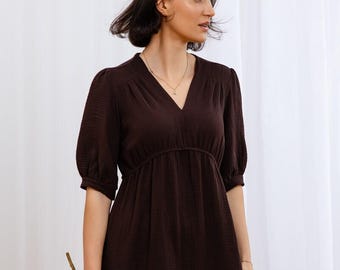 Muslin Midi Dress | V-Neck Cotton Boho Summer Dress | Three Quarter Sleeve Women 6 Colors