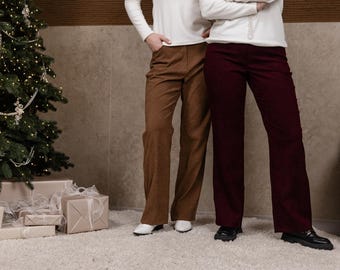 ベルベットのパラッツォパンツ、ストレートレッグトラウザー、心地よい秋冬スタイル