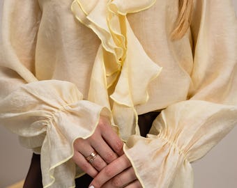 Boho Ruffle Tencel Blouse, Romantic V-Neck Flowy Sleeve Shirt