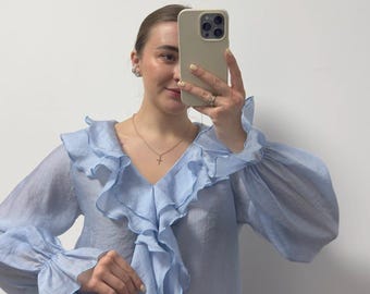 Boho Ruffle Tencel Blouse, Romantic V-Neck Flowy Sleeve Shirt