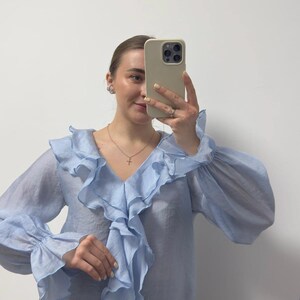 Romantic Tencel Ruffle Top | Elegant Flowy V-Neck Blouse Women | Long Sleeve Boho Shirt image 5