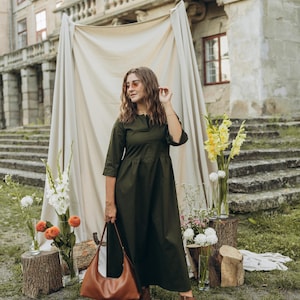 Minimalist Cotton Midi Dress with Pockets | 3/4 Sleeve V-Neck Summer Dress | Casual Capsule Wardrobe Clothing for Women