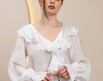 White Tencel Ruffle Blouse, Elegant Long Sleeve Boho Chic Top