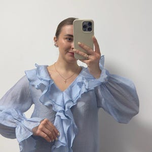 Boho Ruffle Tencel Blouse Women | Romantic V-Neck Flowy Sleeve Shirt | Minimalist Top image 1