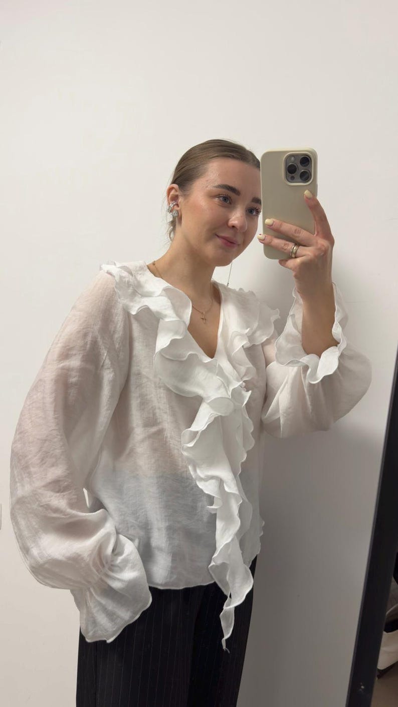 Boho Ruffle Tencel Blouse Women | Romantic V-Neck Flowy Sleeve Shirt | Minimalist Top image 5