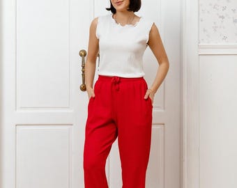 Pantaloni da donna fluidi e stropicciati / Pantaloni a gamba dritta a vita alta con tasche / 100% viscosa