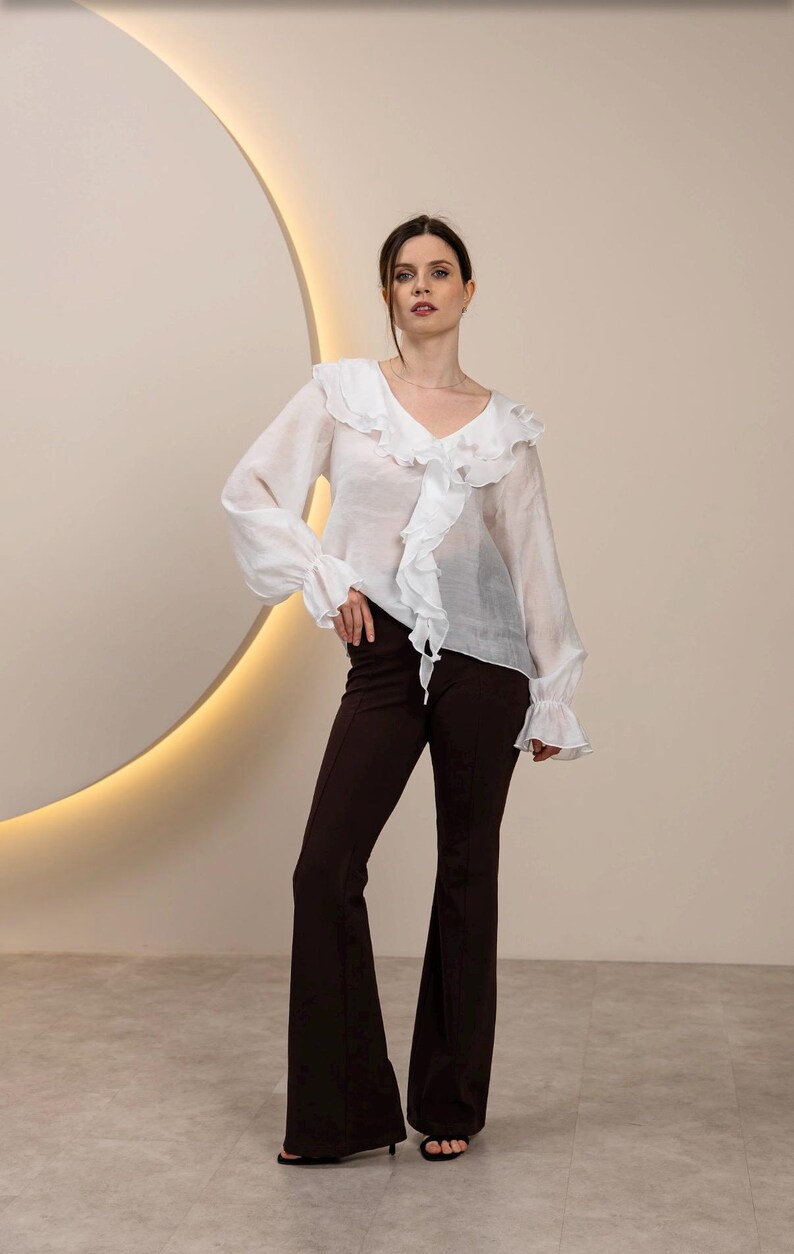 Boho Ruffle Tencel Blouse Women | Romantic V-Neck Flowy Sleeve Shirt | Minimalist Top image 10