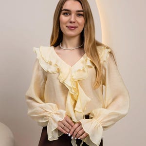 Boho Ruffle Tencel Blouse Women | Romantic V-Neck Flowy Sleeve Shirt | Minimalist Top image 7
