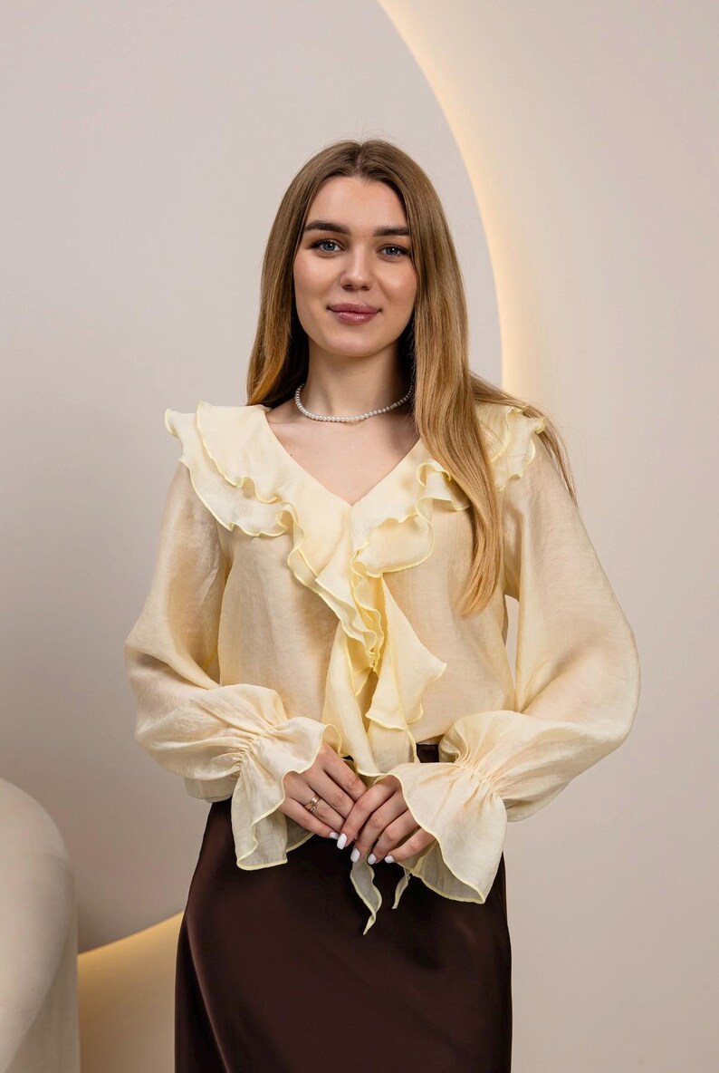 Boho Ruffle Tencel Blouse Women | Romantic V-Neck Flowy Sleeve Shirt | Minimalist Top image 7