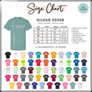 May include: A size chart for Gildan 5000B heavy cotton youth t-shirts. The chart includes chest and length measurements in inches for sizes XS to XL. The image also displays a variety of t-shirt colors, including black, white, and various shades of blue, green, and orange.