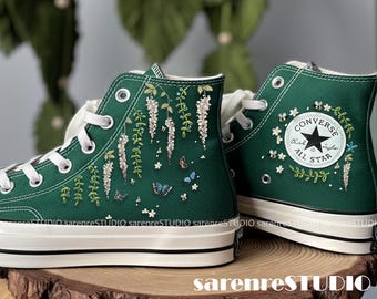 Wisteria Embroidered Converse, Butterfly Flower Embroidered Converse Shoes, Green Converse Embroidery, Embroidered Sneakers, Gift for Her