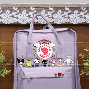 May include: A lilac backpack with a top handle and front pocket. The backpack has a patch with a red raven logo and cartoon character patches. The front pocket features three red tulip patches.