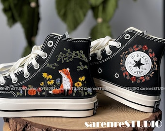 Fox Summer Embroidered Converse, Flower Fox Embroidered Converse, Embroidered Converse Custom Fox, Fox Embroidered Sneakers, Birthday Gift