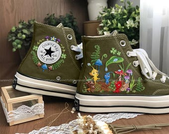 Video Game Series Embroidered Converse, Custom AR Game Characters Shoes, Funny Pik.min in Mushroom Garden Sneakers, Gift for Ni.te.ndo Fans