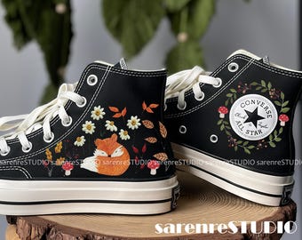 Fox Embroidered Converse, Autumn Fox And Moonlight Forest Embroidery Converse Shoes, Fox and Flowers Embroidered Sneakers, Personalized Gift