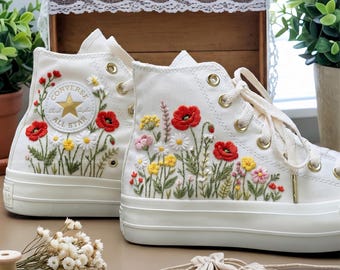 Summer Poppy Converse, Custom Red Poppy Meadow Converse, Hand Embroidered Poppy Meadow Shoes, Hand Embroidered Sneakers for Bride, Wedding