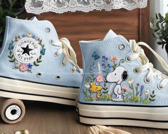 Hand-Embroidered Converse HiTops, Cartoon Dog Converse Embroidery, Custom Beagle Dog Spring Wildflowers Design, Embroidered Sneakers Spring