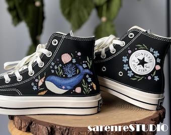 Blue Whale Embroidered Converse, Custom Blue Whale Embroidered converse, Flowers Embroidered Converse Shoes, Hand Embroidery, Gift For Her
