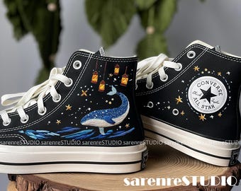 Blue Whale Under Starry Night Sky Converse, Custom Blue Whale Embroidered converse, Custom Embroidered Converse Shoes, Hand Embroidery Shoes