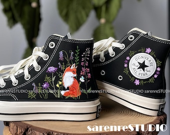 Fox and Flowers Embroidered Converse, Purple Flowers Embroidery Shoes, Fox Converse, Custom Converse Chuck Taylor 1970s, Gift For Her