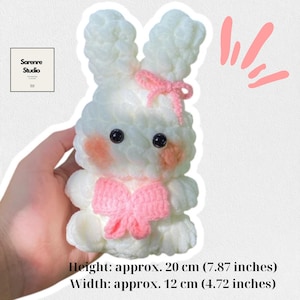 Fluffy Crochet Bunny Plush – White Velvet Yarn Rabbit with Pink Bow - Crochet Toy with Bow for Kids & Gifts