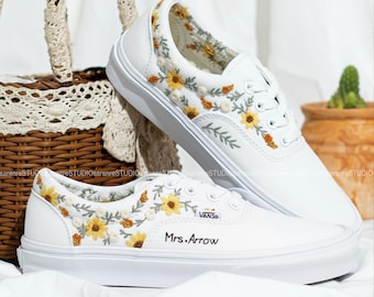Sunflowers Vans, Embroidered Floral Vans, Custom Hand Embroidery Wildflowers Vans, Wedding Vans for Summer, Tennis Flats for Mother's Day