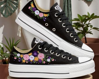 Embroidered Converse Wedding Shoes, Violet Floral Low Tops, Custom Bride Sneakers