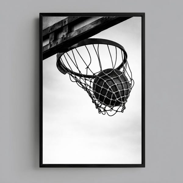 Black and White Basketball Hoop Wall Art – Minimal Sports Discipline Statement Poster Print