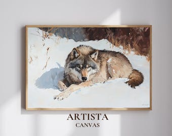 オオカミのアートプリント、オオカミの絵画、一匹狼、冬の