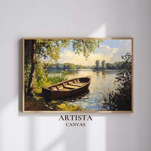 Rustikales Boot am See Digitaldruck - Ruhige Flusslandschaft Wandkunst, Naturölgemälde, Vintage Seehausdekor