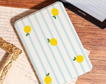 Blue - White Striped & Lemon Kindle Case, New Kindle Paperwhite 12th 7" Case, Fits Kindle 11th/10th, Kobo Libra Color 7'', Premium Kobo Case