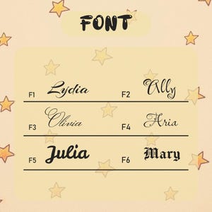 May include: A graphic showcasing six different font styles, each displaying a name: Lydia, Ally, Olivia, Aria, Julia, and Mary. The word "FONT" is at the top. The background is a light yellow with scattered star shapes.