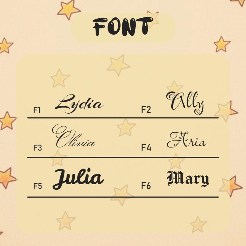 May include: A graphic showcasing six different font styles, each displaying a name: Lydia, Ally, Olivia, Aria, Julia, and Mary. The word "FONT" is at the top. The background is a light yellow with scattered star shapes.