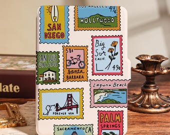 Travel Landmark Stamp Collage Kindle Case, New Kindle Paperwhite 12th Case, Fits Paperwhite 11th/10th, Kindle 12th/11th, Gift for Travel Fan