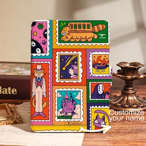 May include: A colorful phone case featuring a collage of cartoon illustrations in a postage stamp design. The artwork includes a cat in a top hat, a bus-like creature, and other whimsical characters. The text "Customize your name" is also visible.